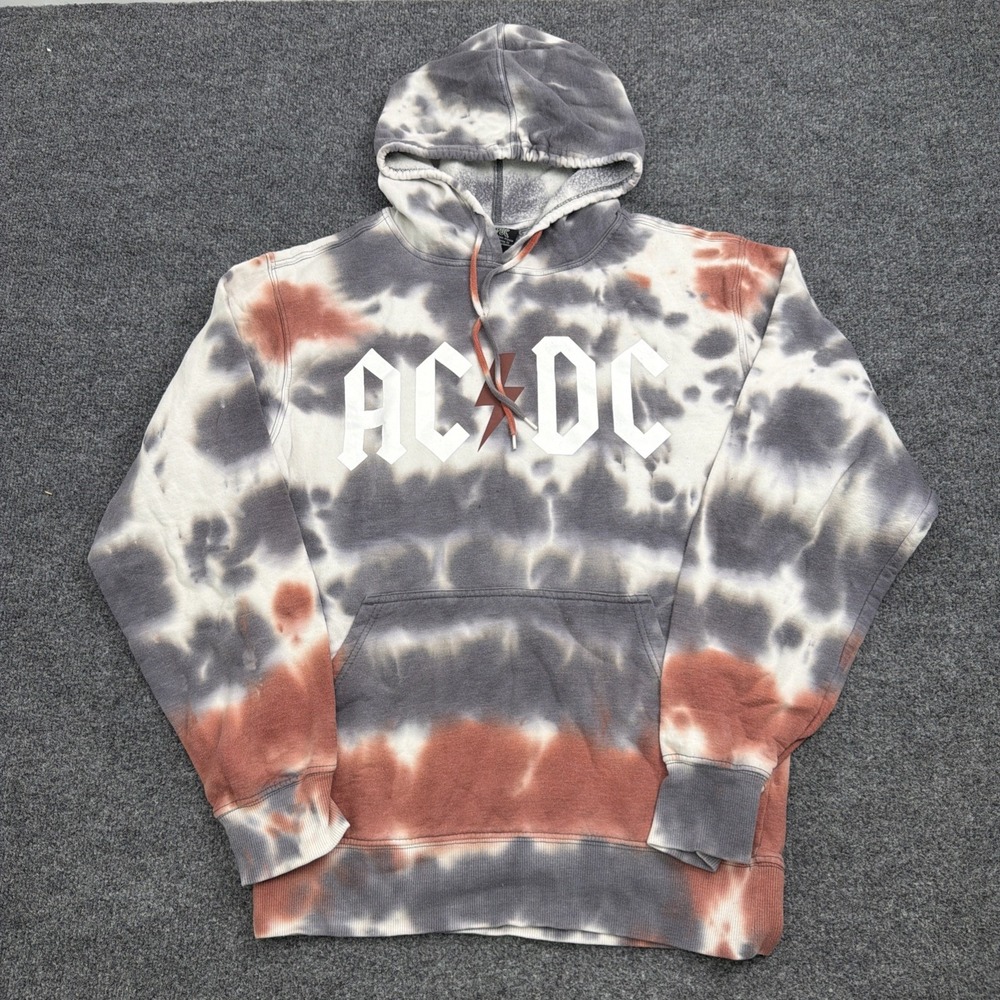 AC/DC Tie Dye Hoodie Mens Small S Gray Rust White Rock Band Graphic Sweatshirt